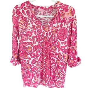 Lilly Pulitzer Pink Seashell Print Roll Tab Sleeve Knit Top Women's Medium